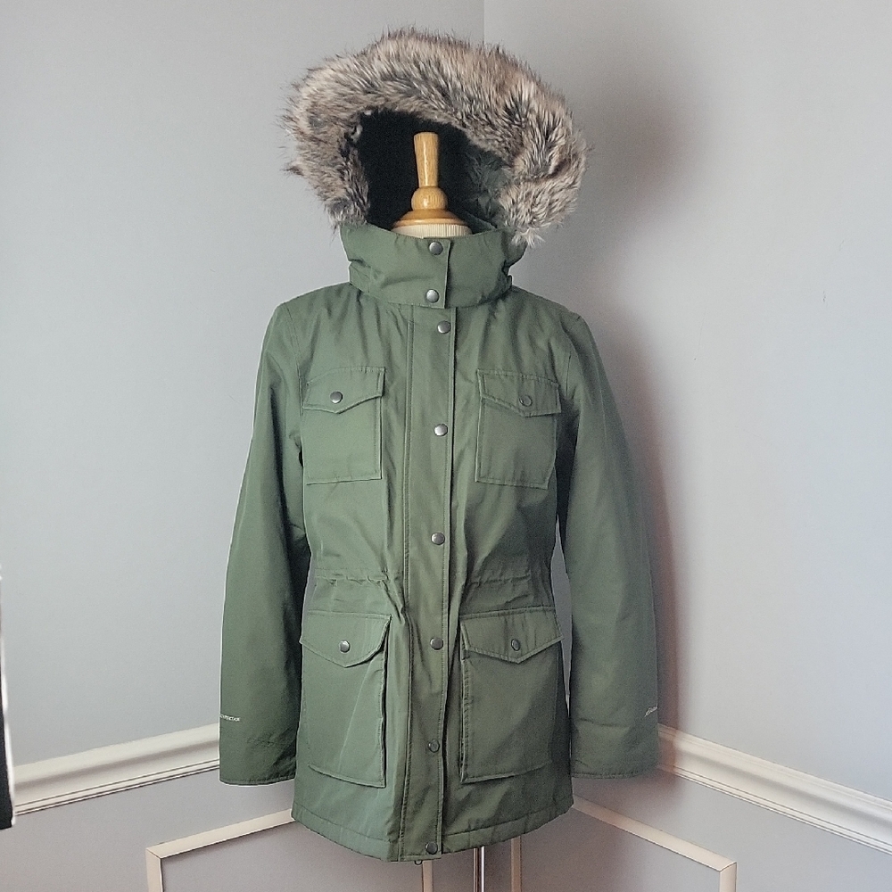 EDDIE BAUER Westbridge Olive Green Faux Fur Hooded Winter Field Parka Coat M‎